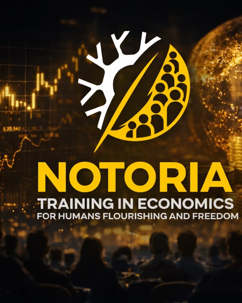 Logo de Notoria, Training in Economics for Humans Flourishing and Freedom, sobre un fondo dorado de gráficos económicos y público